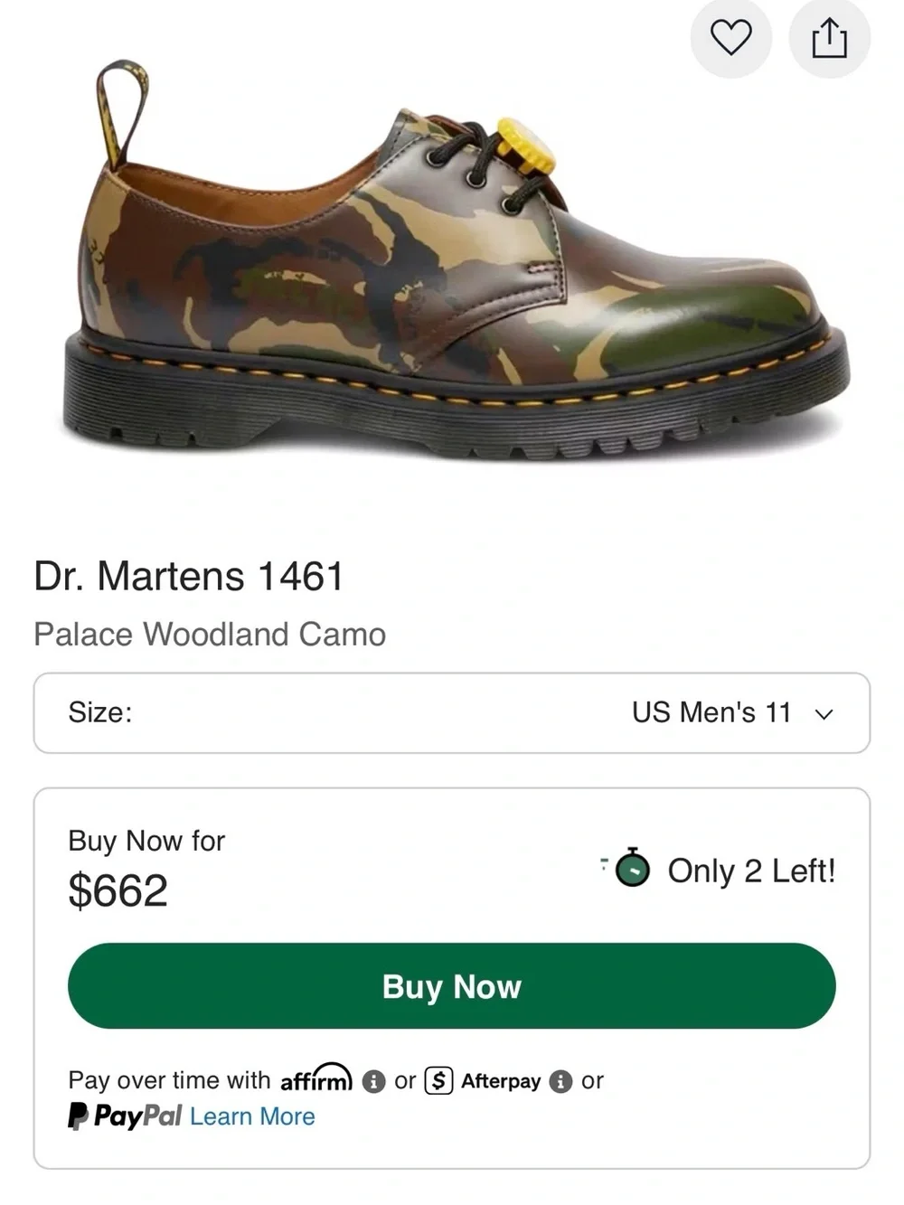 Dr. Martens x Palace 1461 Camo Shoes Size 12